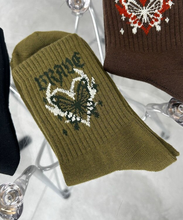 WEGO バタフライデザインソックス カーキ