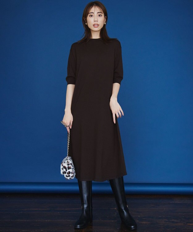 23区 S 【洗える】ヴィスコースストレッチ パフスリーブ ニットワンピース ダークブラウン系