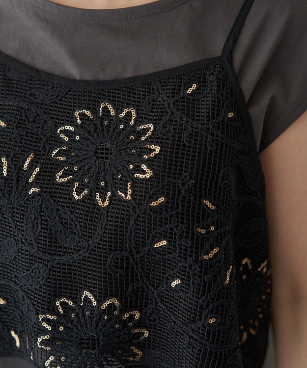 YECCA VECCA 【2点SET】刺繍メッシュキャミセットコットンTee Black
