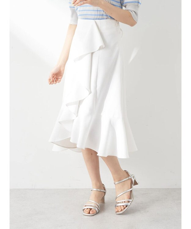 earth music&ecology アシメペプラムフレアバックレースミディ丈スカート White