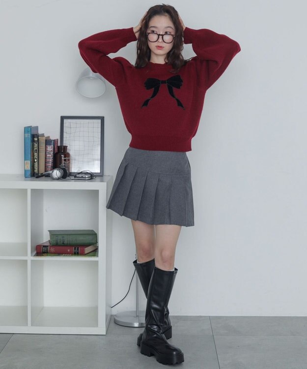 WEGO ベロアリボンアップリケタックスリーブニット ワイン