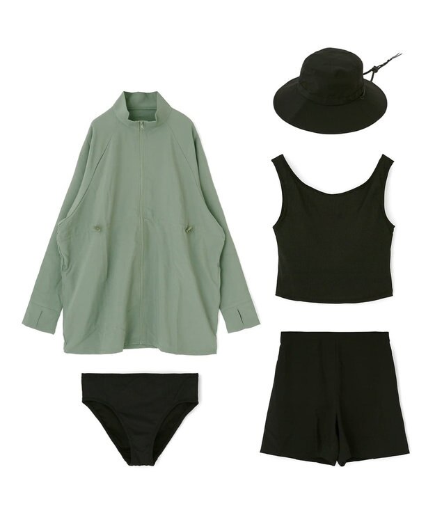 San-ai Resort（三愛水着楽園） 【WEB限定】5点セット バケットハット付きUVカット リブタンキニ+ラッシュガードセット水着【BeachQueen(ビーチクイーン）】 カーキー