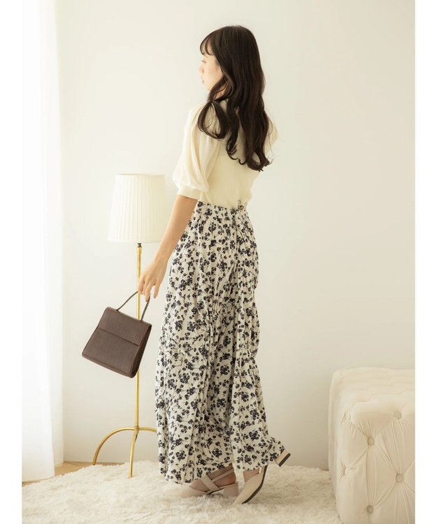 earth music&ecology ドロストギャザーフレアスカート Flower Navy