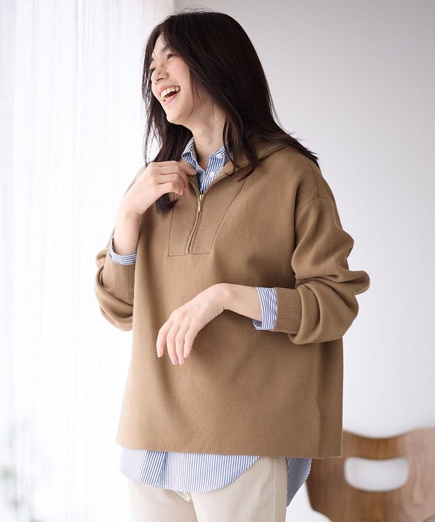 ANY スウェットライクハーフジップニット キャメル