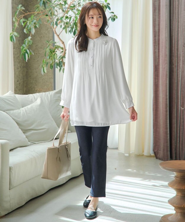 Tiaclasse 【スマート裏起毛・新色追加】 ピンタックシャツチュニック オフホワイト
