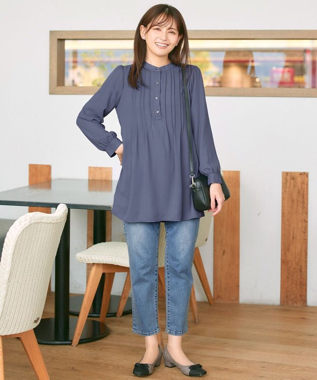 Tiaclasse 【スマート裏起毛・新色追加】 ピンタックシャツチュニック ブルー