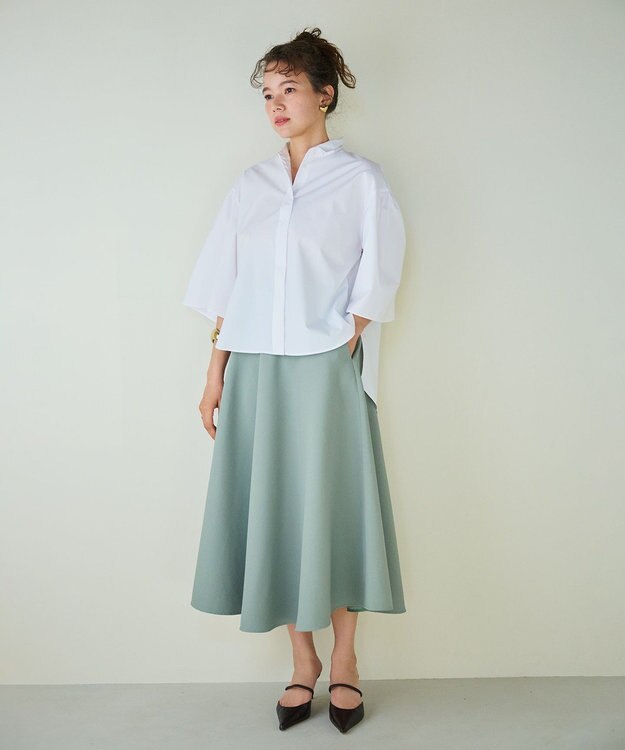 #Newans 【シワになりにくい】〈花乃まりあさんコラボ〉サーキュラースカート スモークグリーン