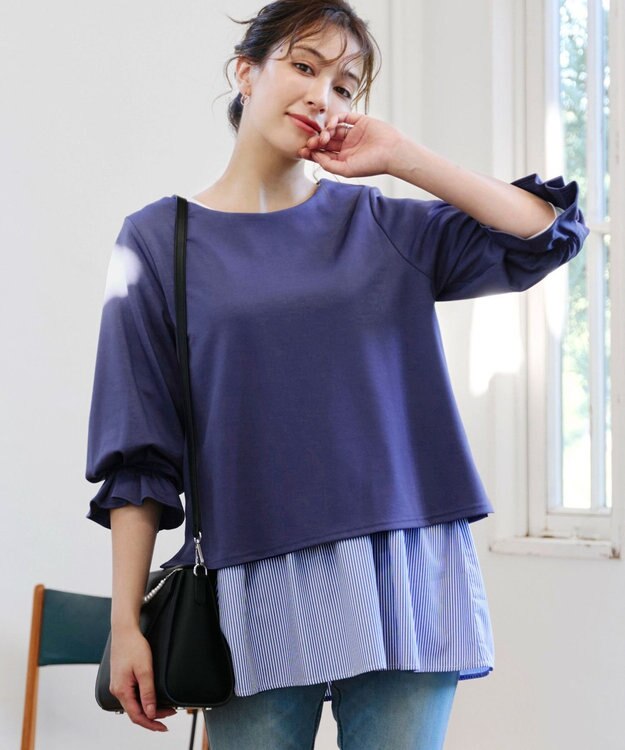 Tiaclasse 【安田美沙子さん着用・選べる裾】 レイヤードヘムカットソーTシャツ オフ×ネイビーストライプ裾フレア