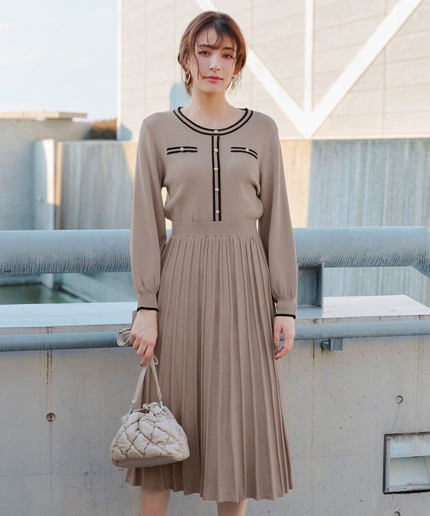 Tiaclasse 【洗える】セットアップ見え配色ニットワンピース グレージュ
