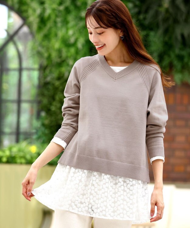 Tiaclasse 【安田美沙子さん着用・選べる裾】 レイヤードヘムカットソーTシャツ オフ×白レース裾フレア