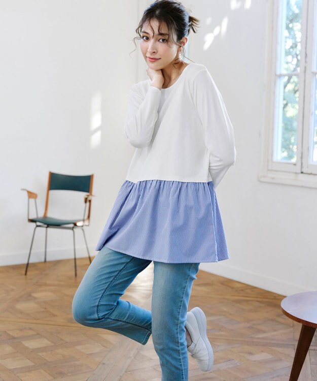 Tiaclasse 【安田美沙子さん着用・選べる裾】 レイヤードヘムカットソーTシャツ オフ×ネイビーストライプ裾フレア