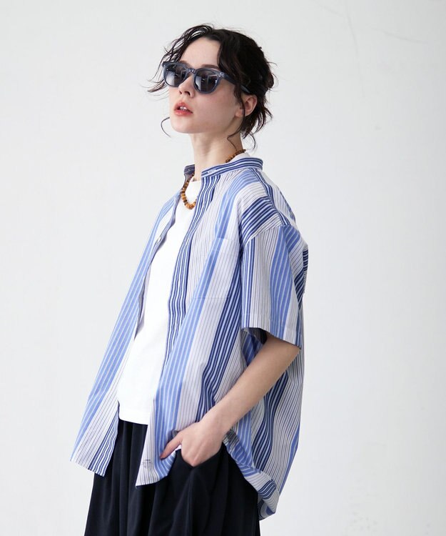 J.PRESS YORK STREET 【UNISEX】マルチストライプバンドカラー シャツ ブルー系7