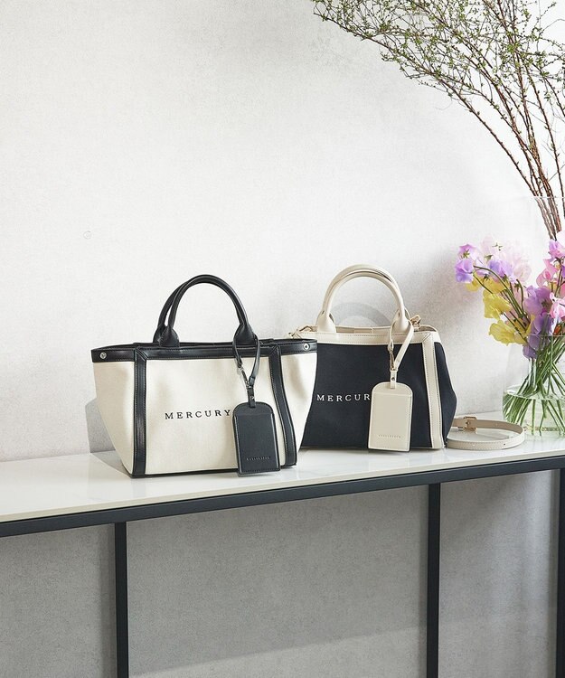 style code 【MERCURYDUO/マーキュリーデュオ】カードケース付 軽量キャンバスロゴ 2WAYトートバッグ アイボリーブラック