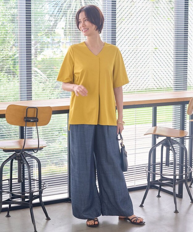 自由区 【洗える・XSサイズあり】テンセルリネンデニムワイド パンツ ネイビー系