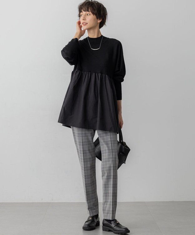 23区 L 【洗える】ギャザープルオーバー コンビ ニット ブラック系