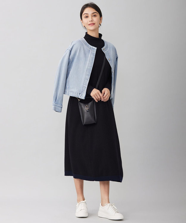 自由区 【洗える】セミウーステッドウールニット ワンピース ブラック×ダークネイビー