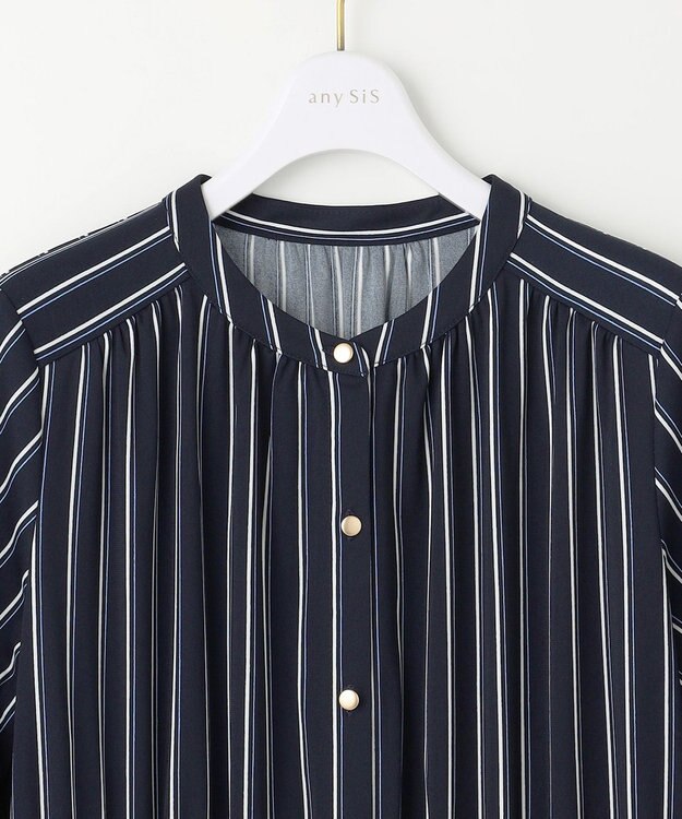 ANY SIS 【接触冷感・吸水速乾・UVケア】エアリードレープスムース ワンピース ネイビーストライプ
