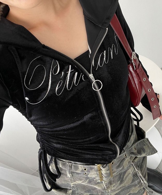 WEGO サイドドロストベロアパーカー ブラック