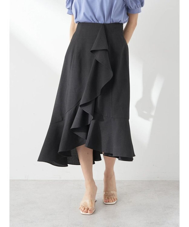 earth music&ecology アシメペプラムフレアバックレースミディ丈スカート Black