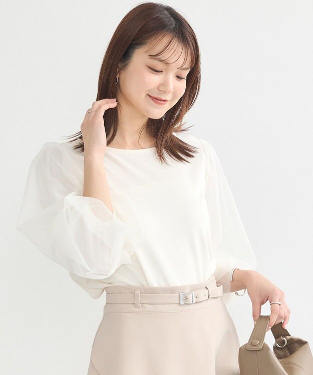 earth music&ecology キラキラストーンパールチュールスリーブプルオーバー Ivory