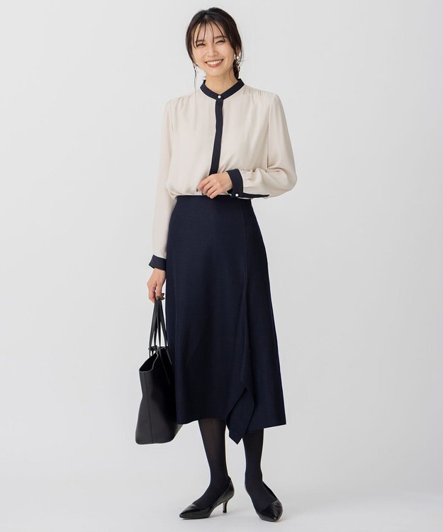 23区 S ウール圧縮スムース アシンメトリー フレアスカート ダークネイビー