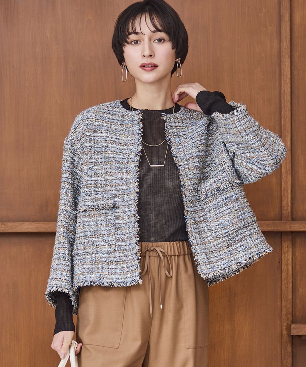 23区 GIOLICAツイード ノーカラー ジャケット ブルーミックス