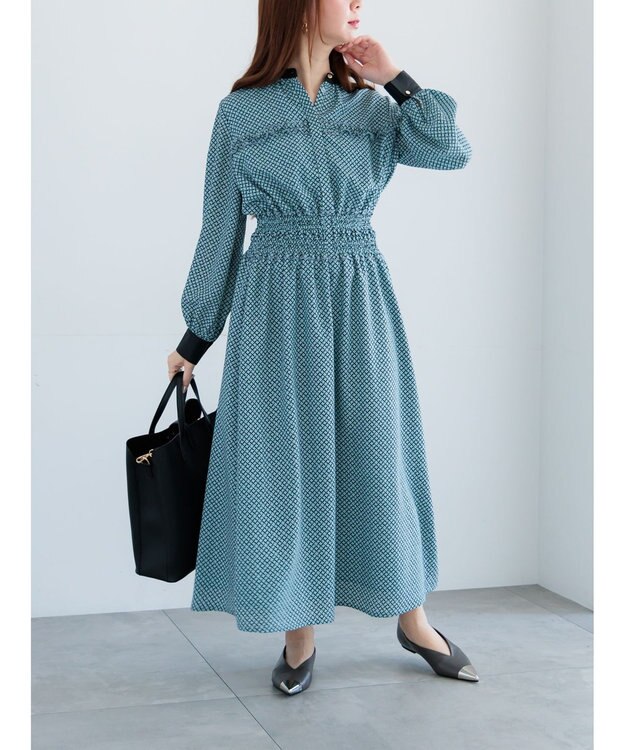 Te chichi バイカラーシャーリングワンピース ブルー