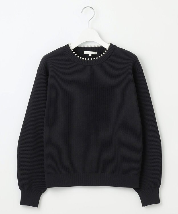 自由区 L 【洗える】パールディティール クルーネックニット ネイビー系