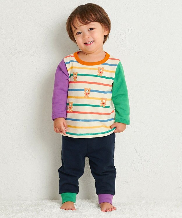 MIKI HOUSE HOT BISCUITS 【80-120cm】 ボーダー柄 ミニ裏毛パイル素材 腹巻き付き長袖パジャマ マルチカラー