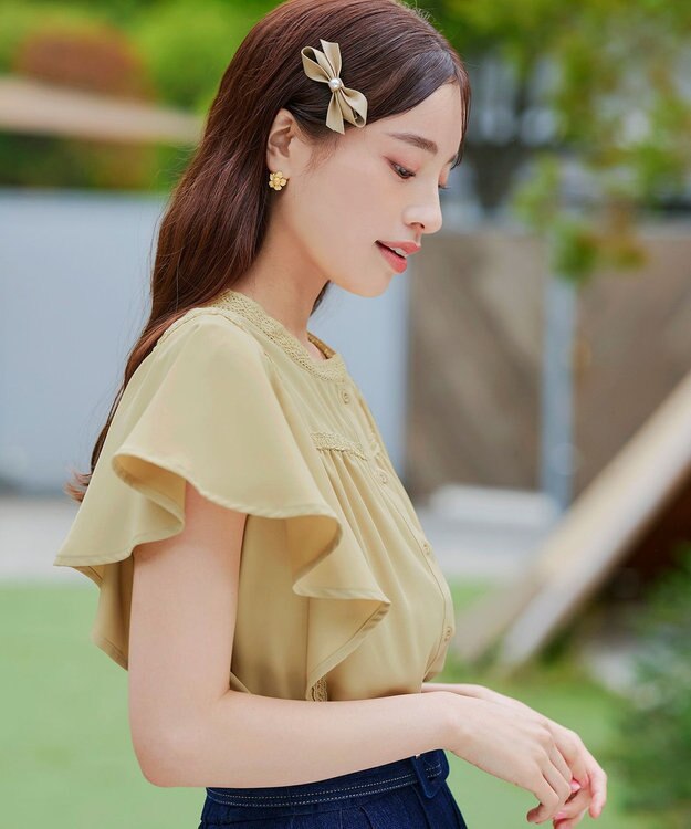 Tiaclasse L 【洗える】フレアスリーブレースブラウス イエロー