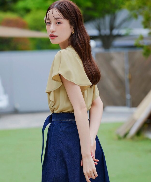 Tiaclasse L 【洗える】フレアスリーブレースブラウス イエロー