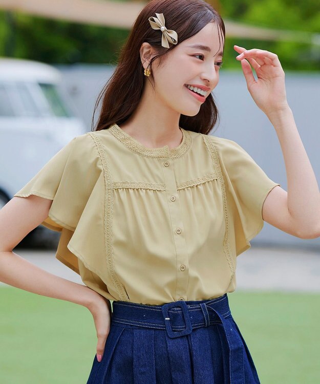 Tiaclasse L 【洗える】フレアスリーブレースブラウス イエロー