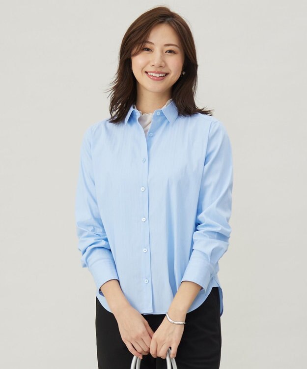 J.PRESS LADIES 【洗える】BEZコットンナイロン ストライプ シャツカラー ブラウス サックスドビー系1