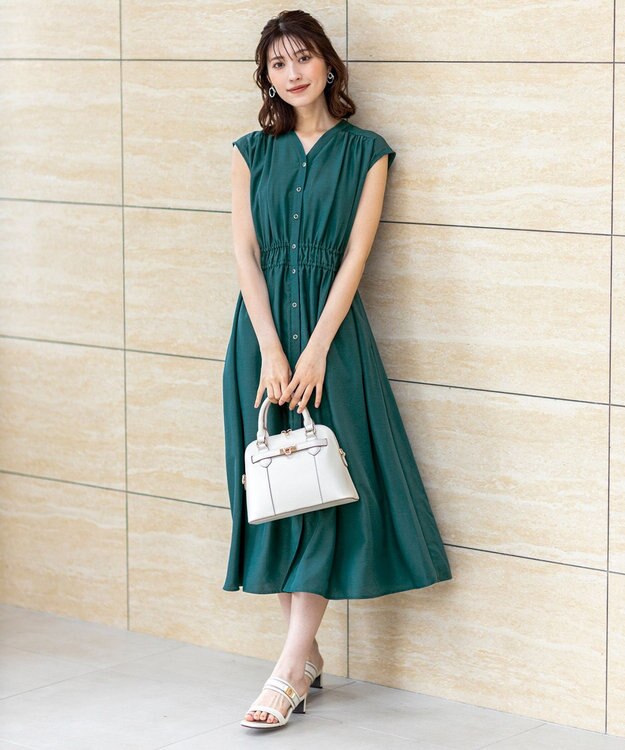 ANY SIS 【洗える】フロントボタンギャザー ワンピース ダークグリーン