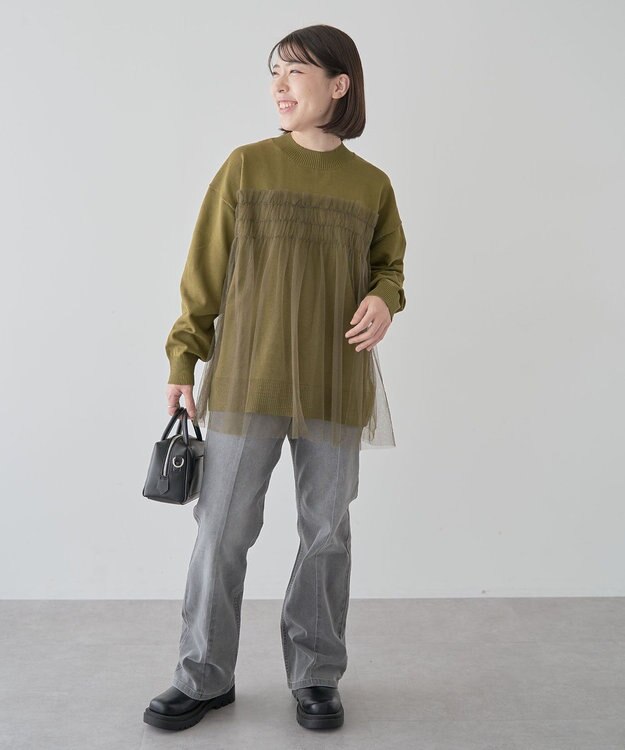 Green Parks ＧＵＭストレッチデニムセンター切替ストレートフレアパ Black