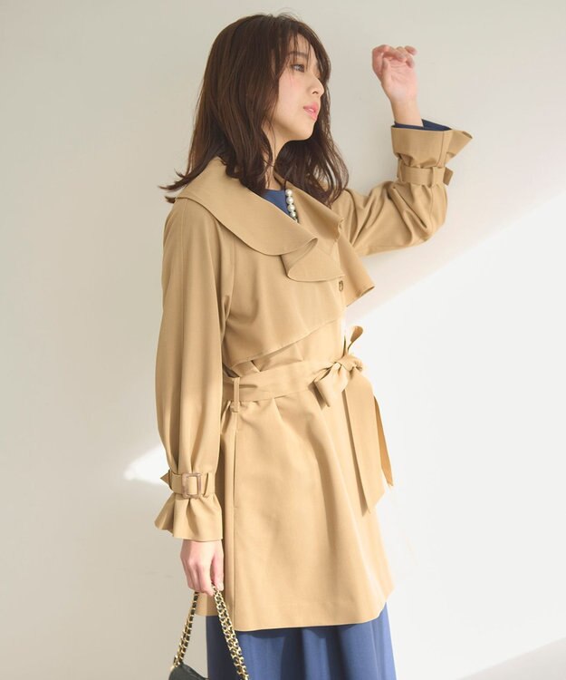 Feroux 【洗える】ラッフルカラーミドル丈 トレンチ キャメル系