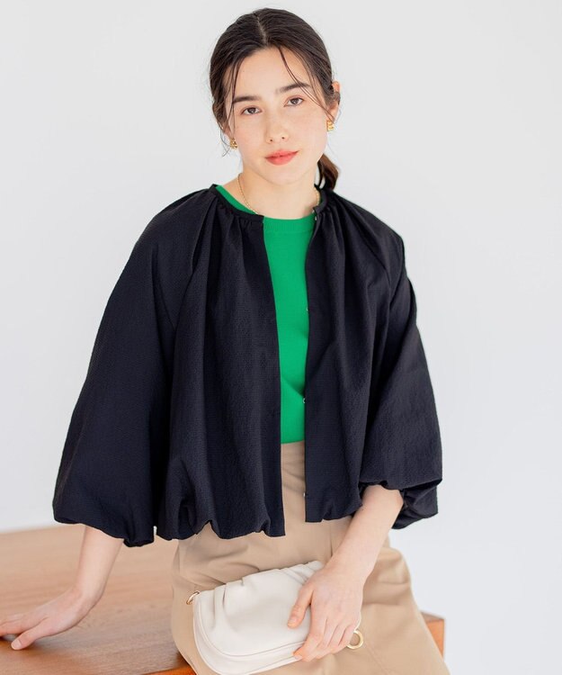 組曲 【洗える】サッカーストレッチ ブルゾン ブラック系