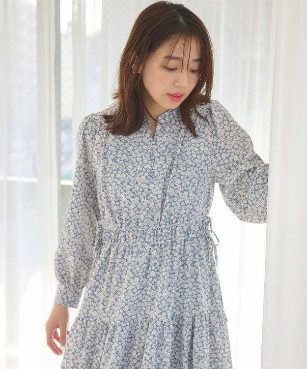 Feroux 【洗える】フラワープリントドロスト ワンピース スカイブルー系