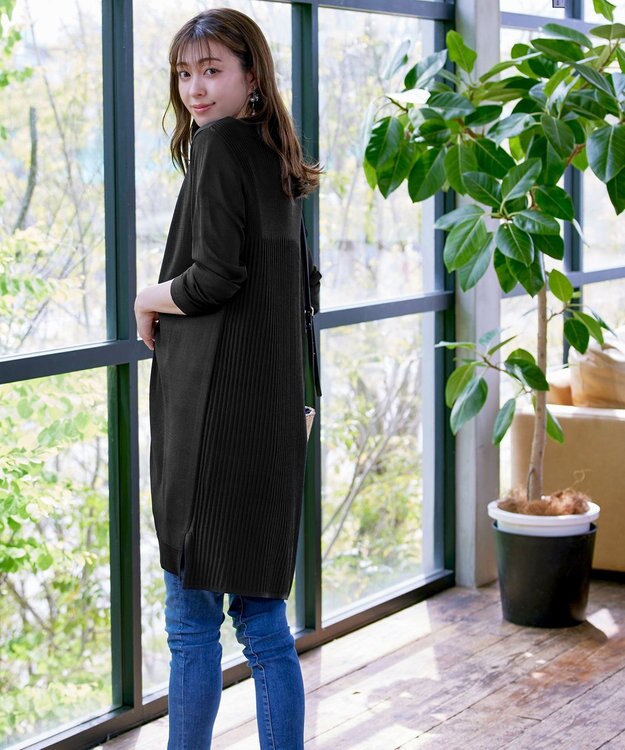 Tiaclasse 【洗える】バックリブプリーツ編みロングカーディガン ブラック