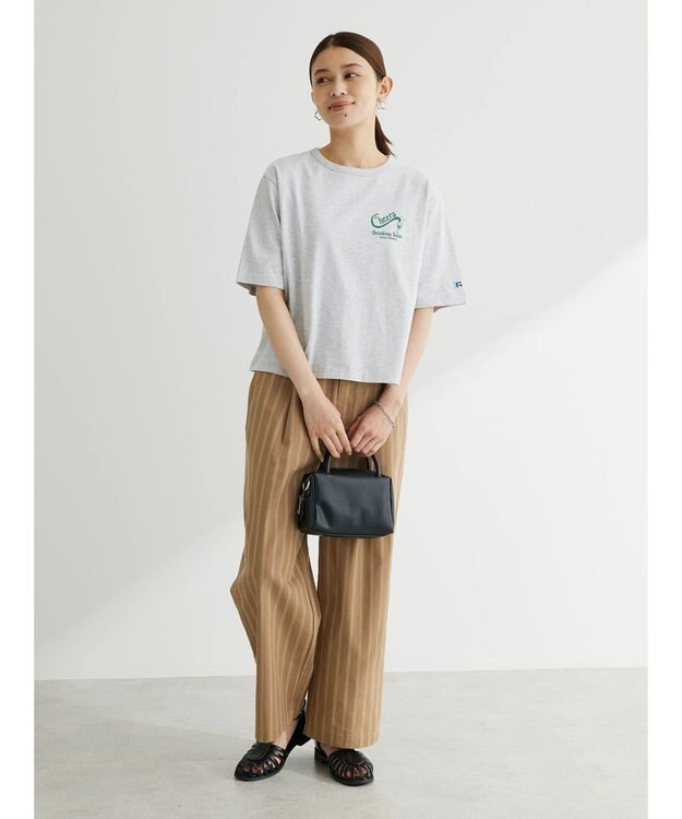 Green Parks 綿麻混タックストレートワイドパンツ Stripe