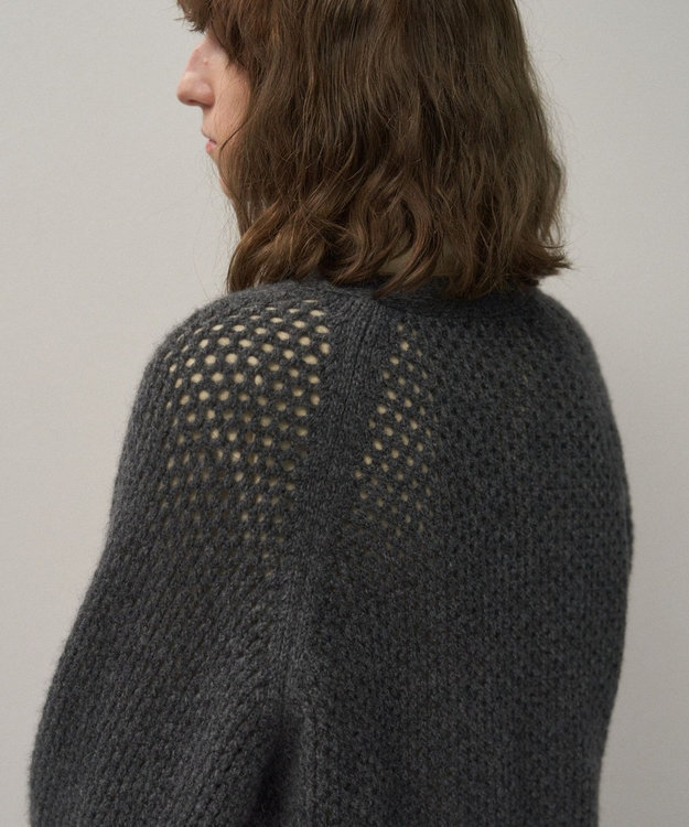 ATON WOOL CASHMERE ALPACA | メッシュＶネックカーディガン CHARCOAL GRAY