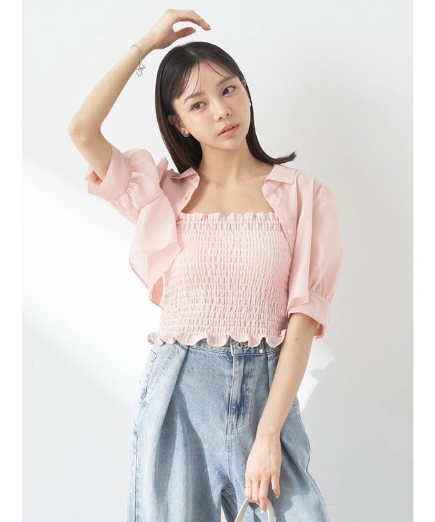 earth music&ecology ＳＥＴ２点シアークロップドシャツ×シャーリングタンク Pink