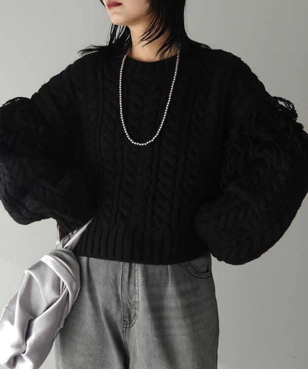 Green Parks フリンジスリーブショート丈ケーブルニット Black