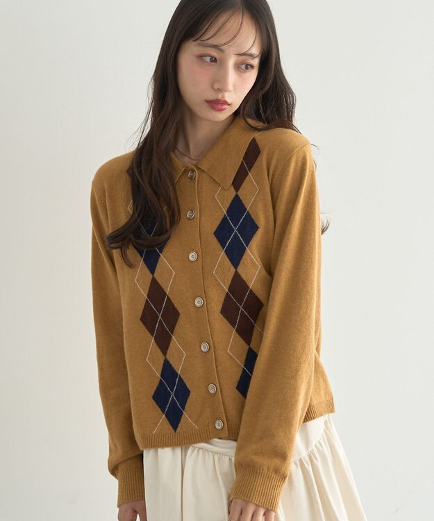 earth music&ecology 【予約】襟付きアーガイルニットカーディガン キャメル