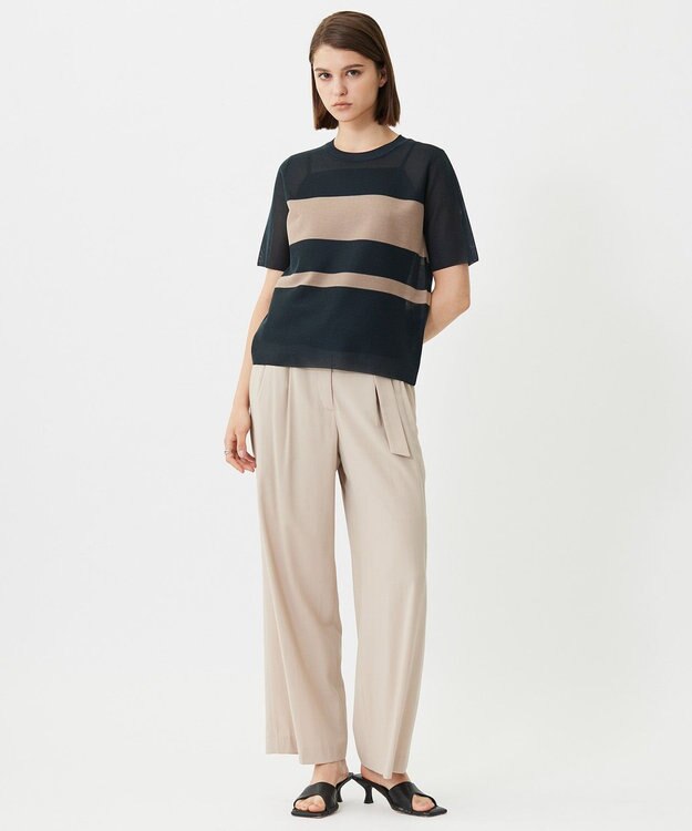 ICB 【洗える】 シアースムースボーダー ニット ネイビー×チノベージュ系