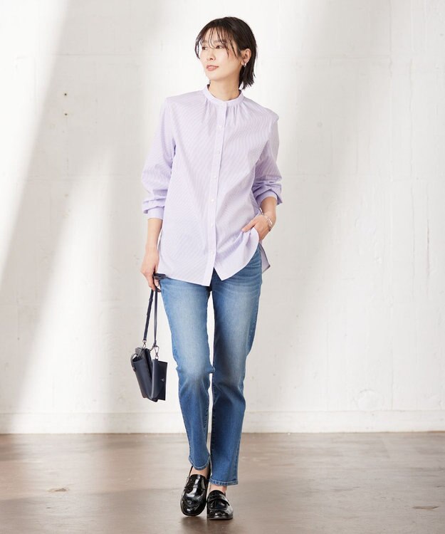 J.PRESS LADIES S 【洗える】 FAST コットンナイロン ストライプ バンドカラー ブラウス ふじ色系1