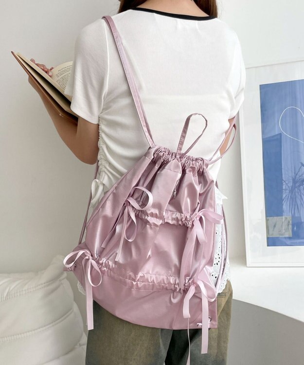 WEGO ドロストリボンギャザーナップサック ライトピンク
