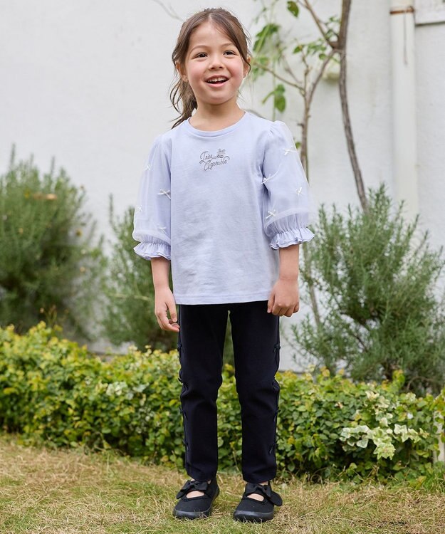ANY KIDS リボン×チュール 七分袖Tシャツ サックスブルー