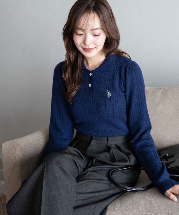 WEGO 【WEB限定/25年秋冬新作】別注USPOLOケーブルニットポロ ネイビー