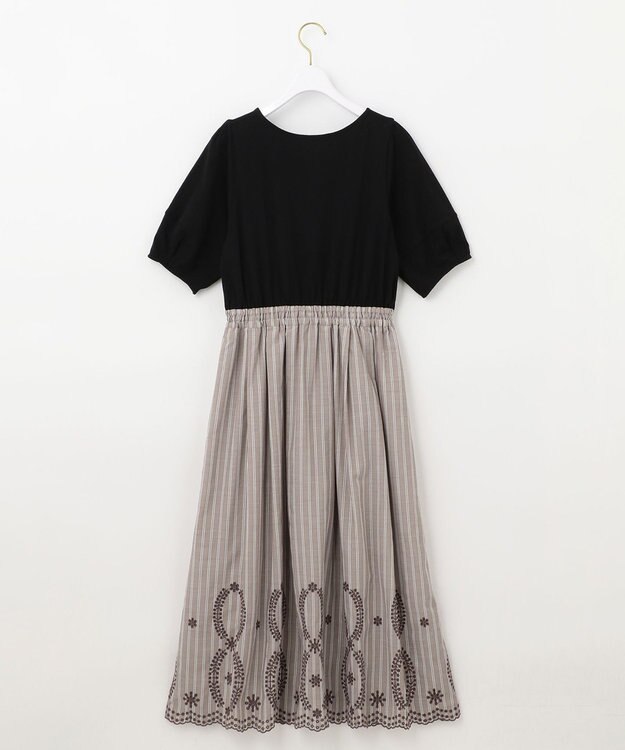 ANY SIS 【洗える】エンブロイダリーコンビ ワンピース ブラック×モカストライプ